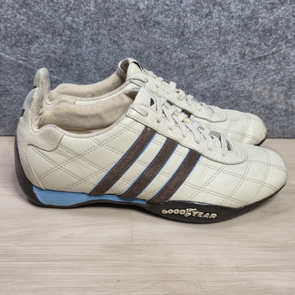 Adidas Tuscany Goodyear Racing Driving Shoes White Blue Brown Stripe Size 6
